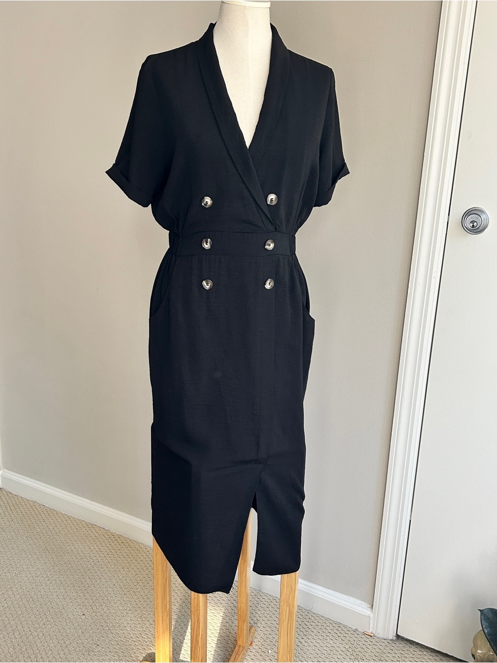 Black Double-Breasted Midi Dress